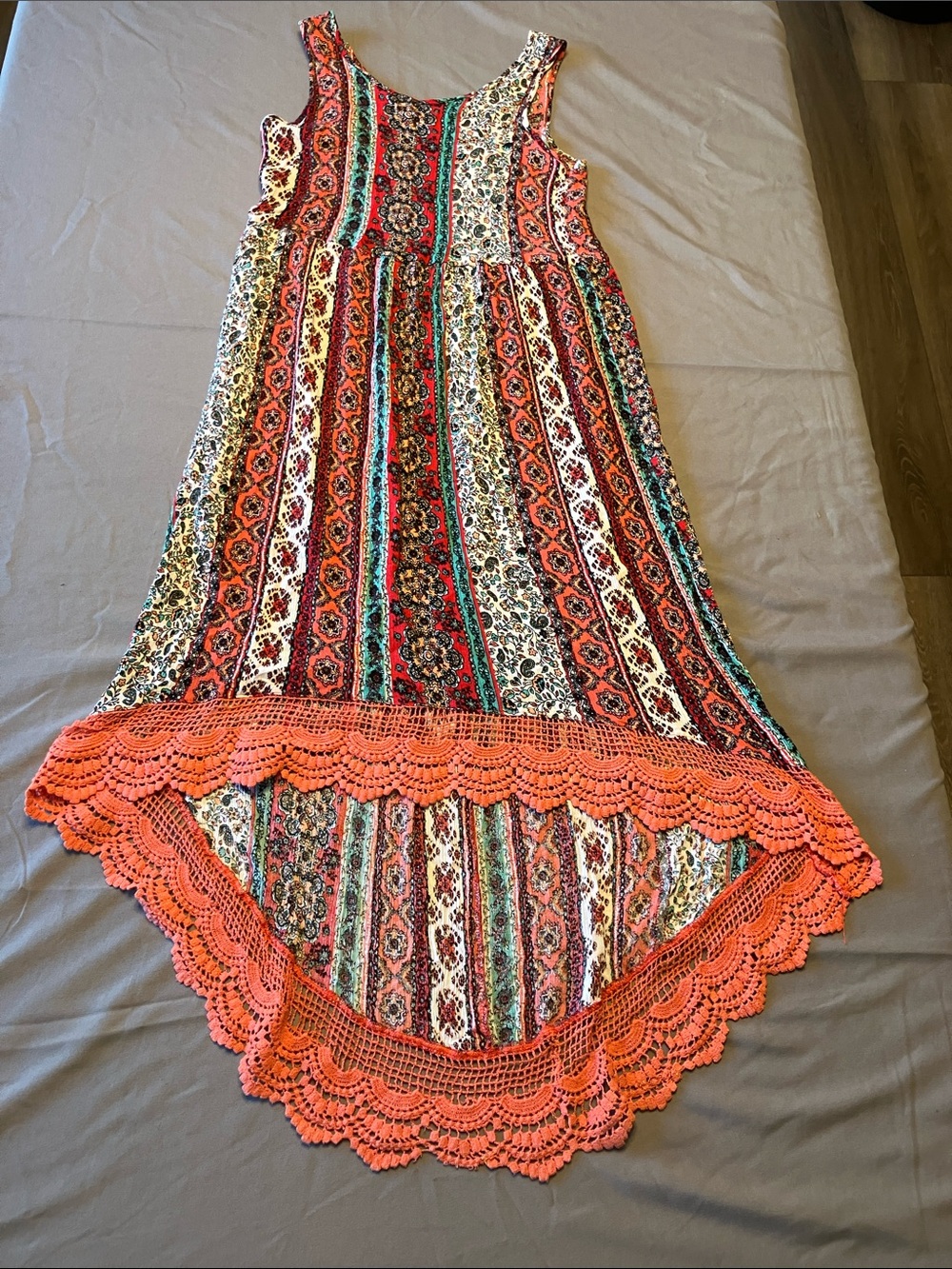 Knitworks Orange Multi-Print Crochet-Hem Sleeveless Dress